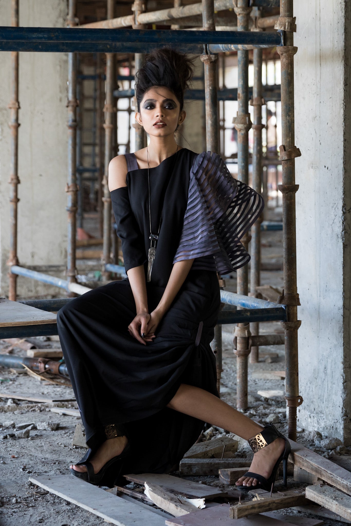 Drape Dress with Stripe Sleeves