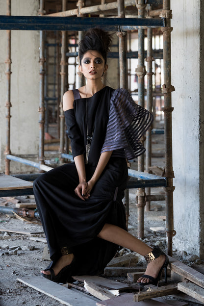Drape Dress with Stripe Sleeves