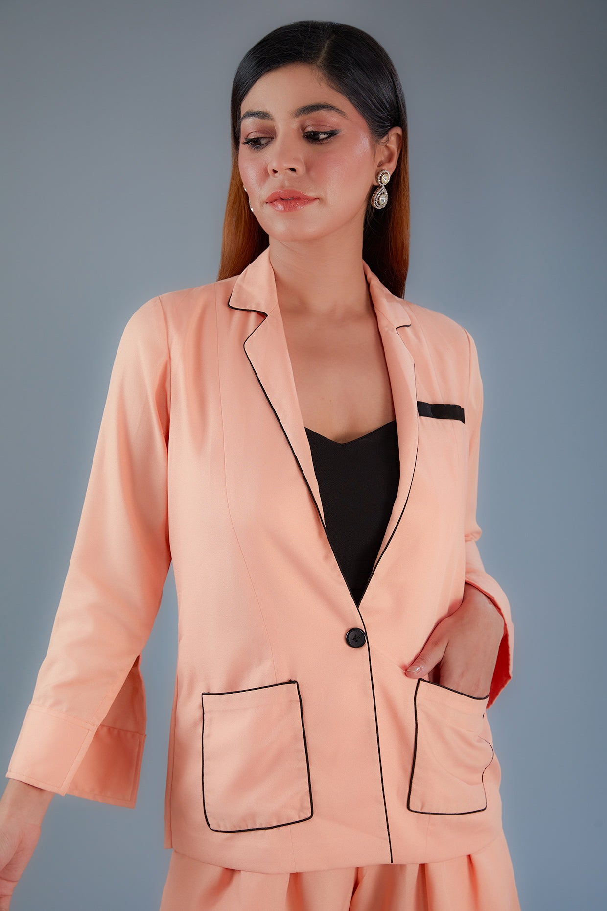 Peach coat + Shorts
