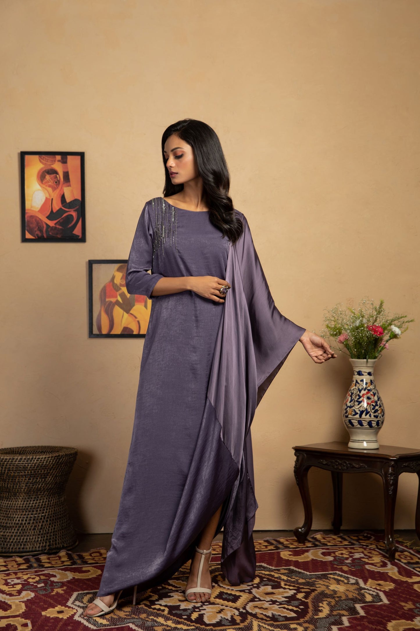 Elena Embroidered Drape Dress