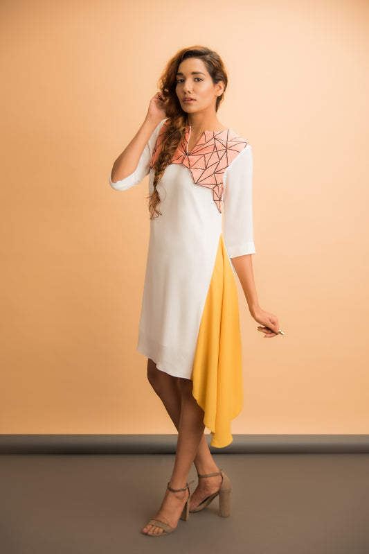 Shift Dress With Asymmetrical Hem And Embroidered Yoke