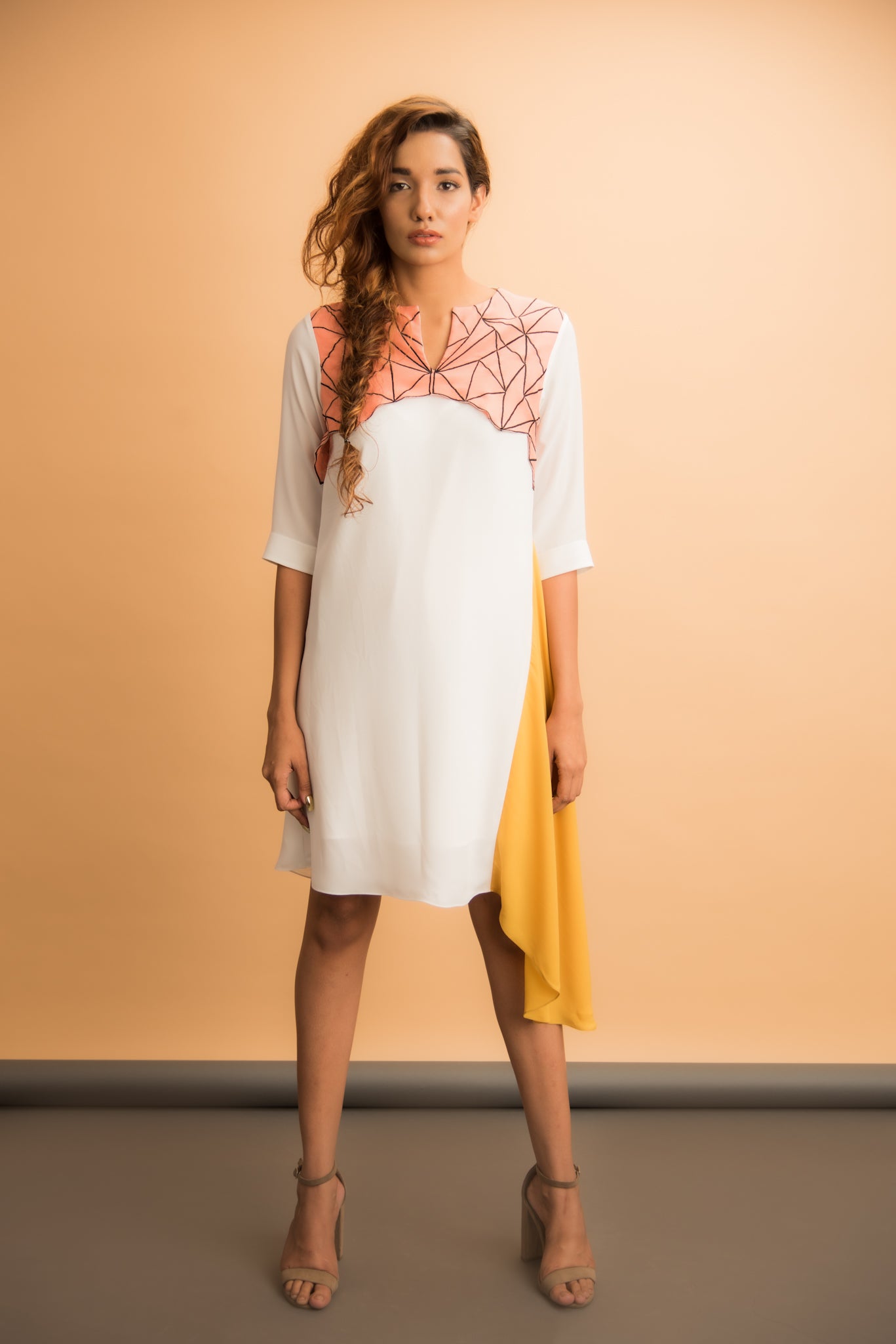 Shift Dress With Asymmetrical Hem And Embroidered Yoke