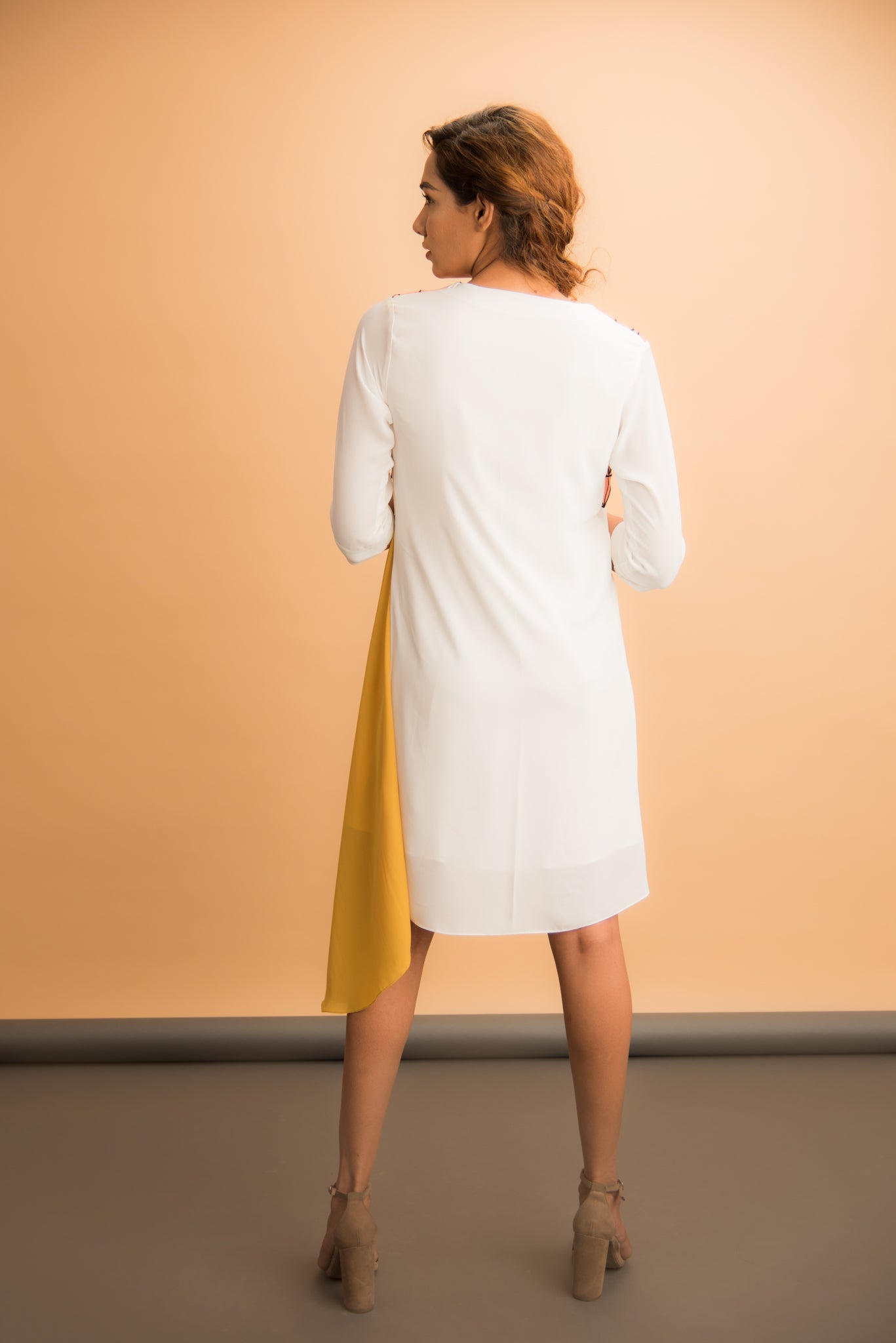 Shift Dress With Asymmetrical Hem And Embroidered Yoke