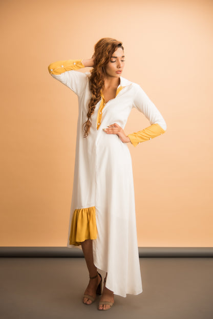 White asymmetrical dress with yellow details