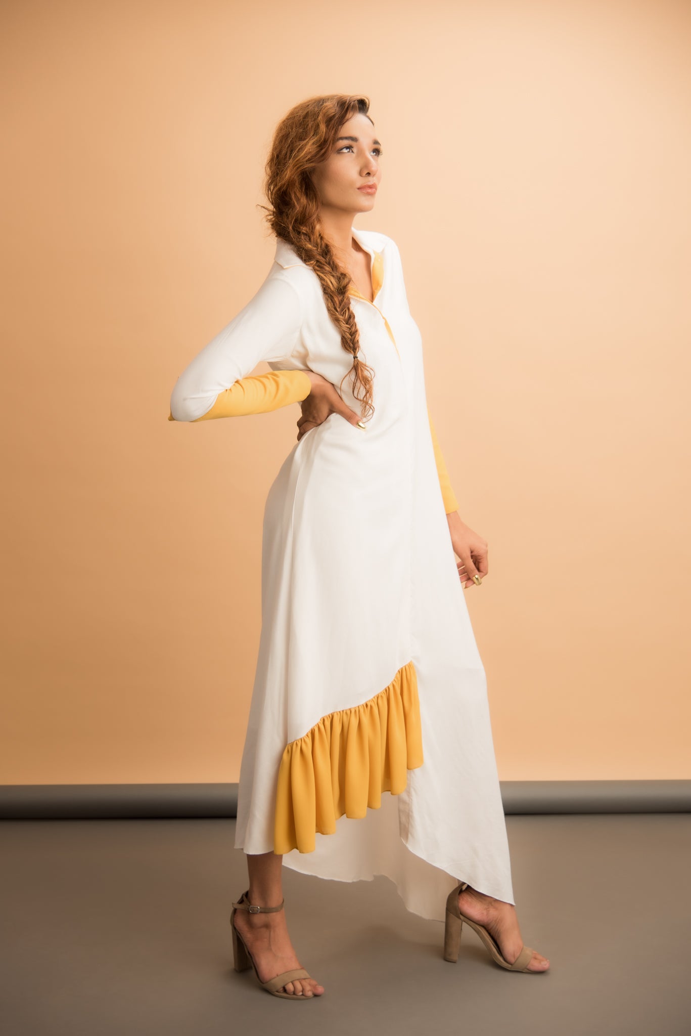 White asymmetrical dress with yellow details