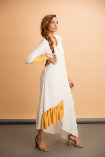 White asymmetrical dress with yellow details
