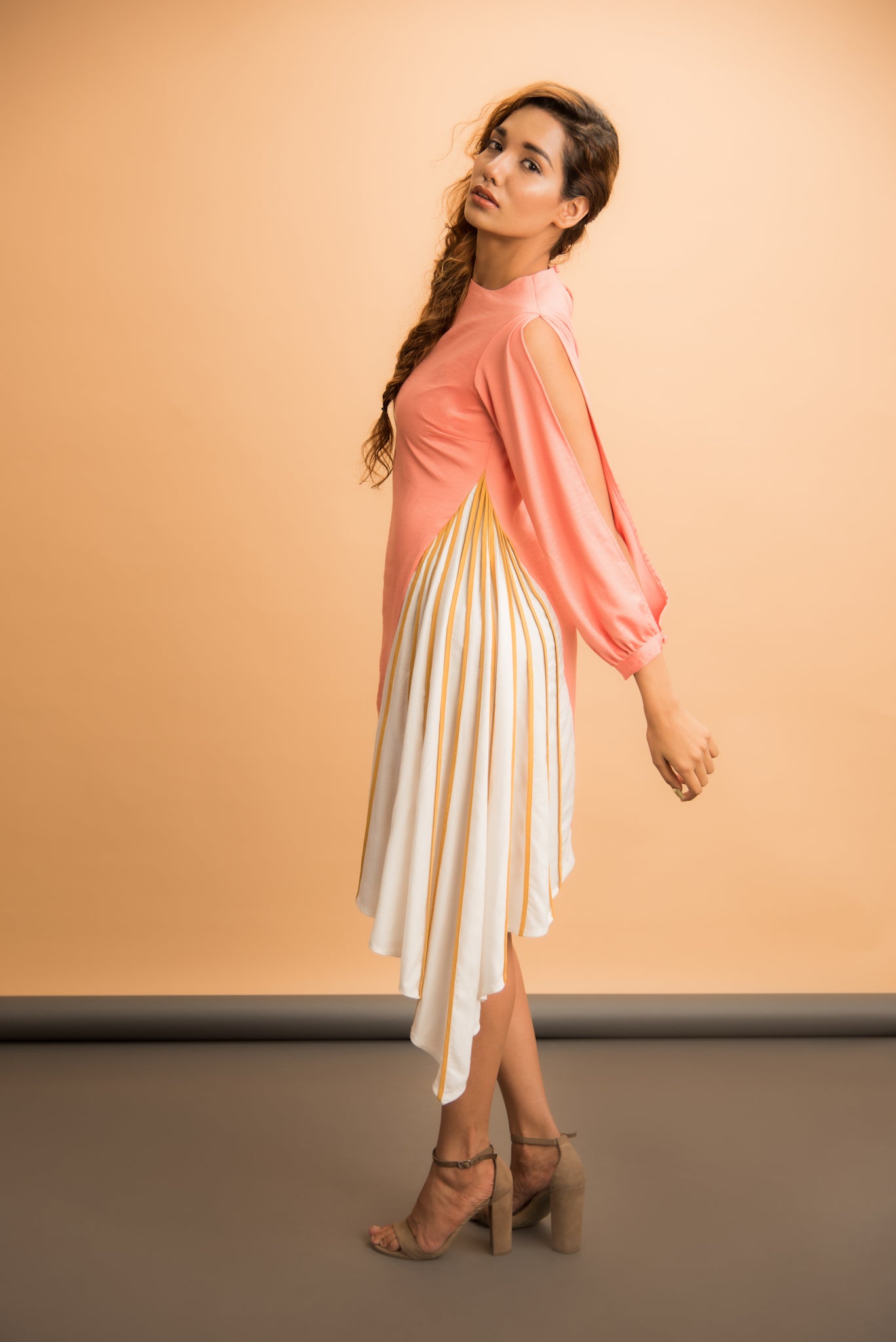 Peach Dress With Line Panels