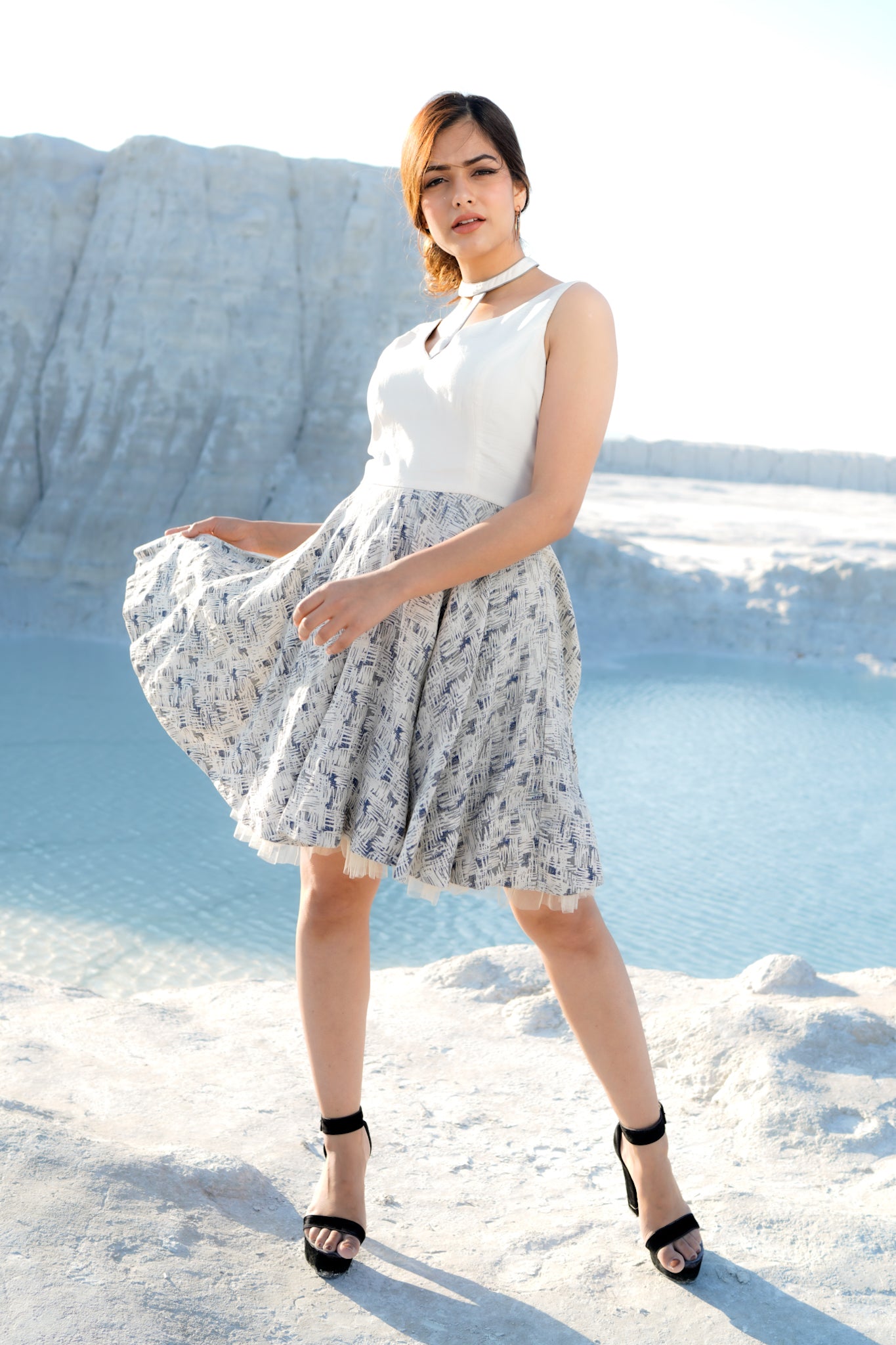 Printed Linen Dress with Ruffles