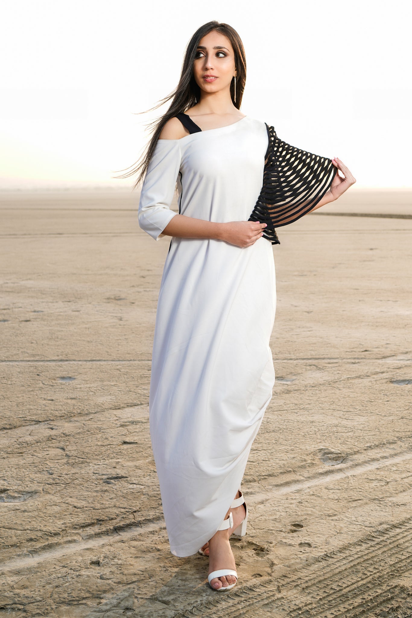 Drape Dress with Stripe Sleeves