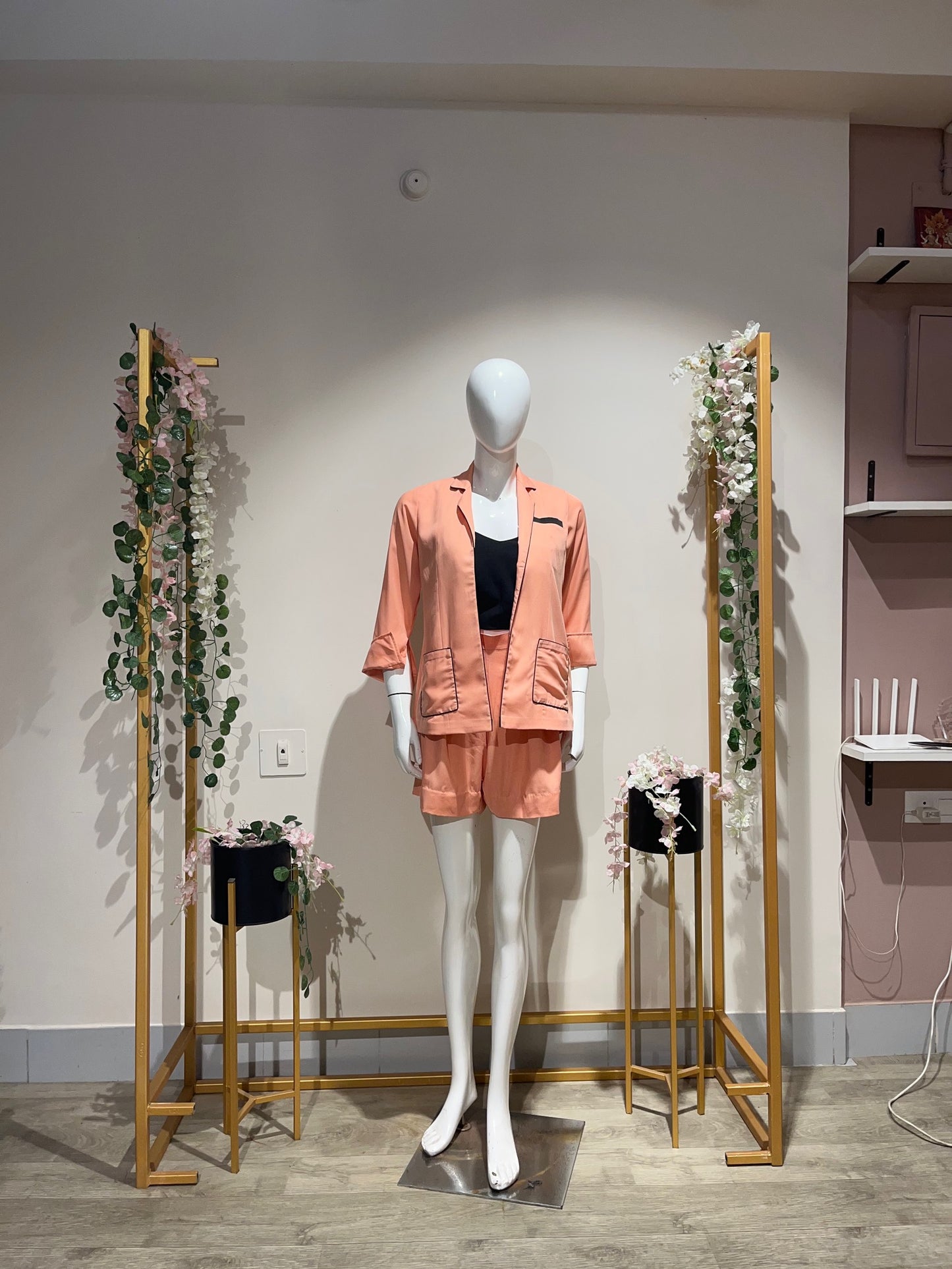 Peach coat + Shorts