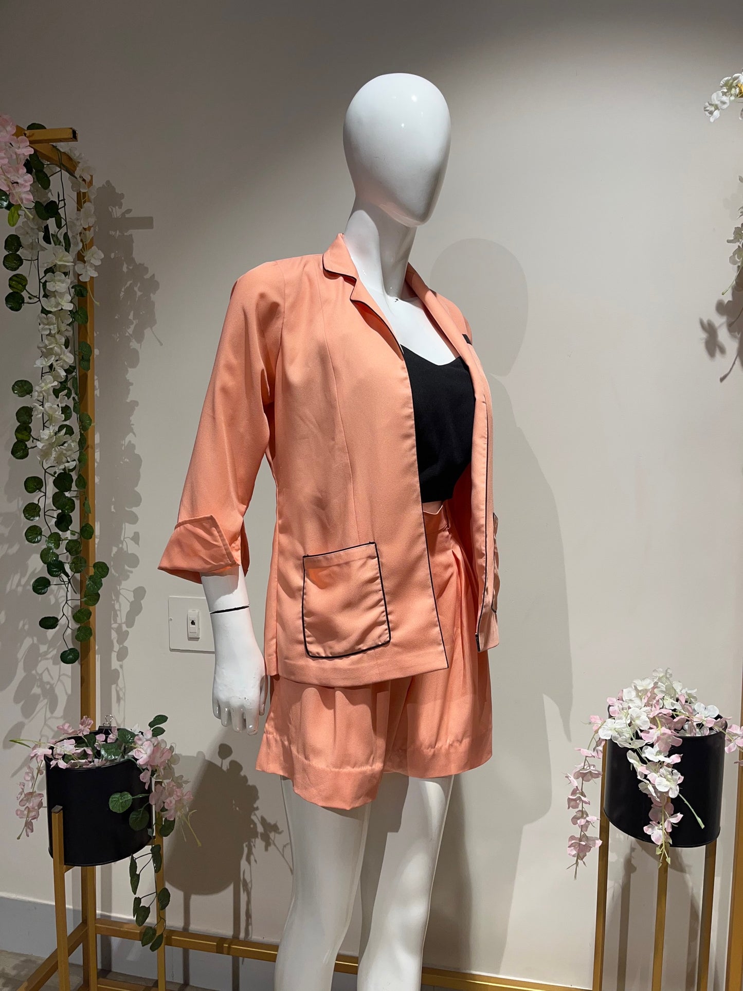 Peach coat + Shorts