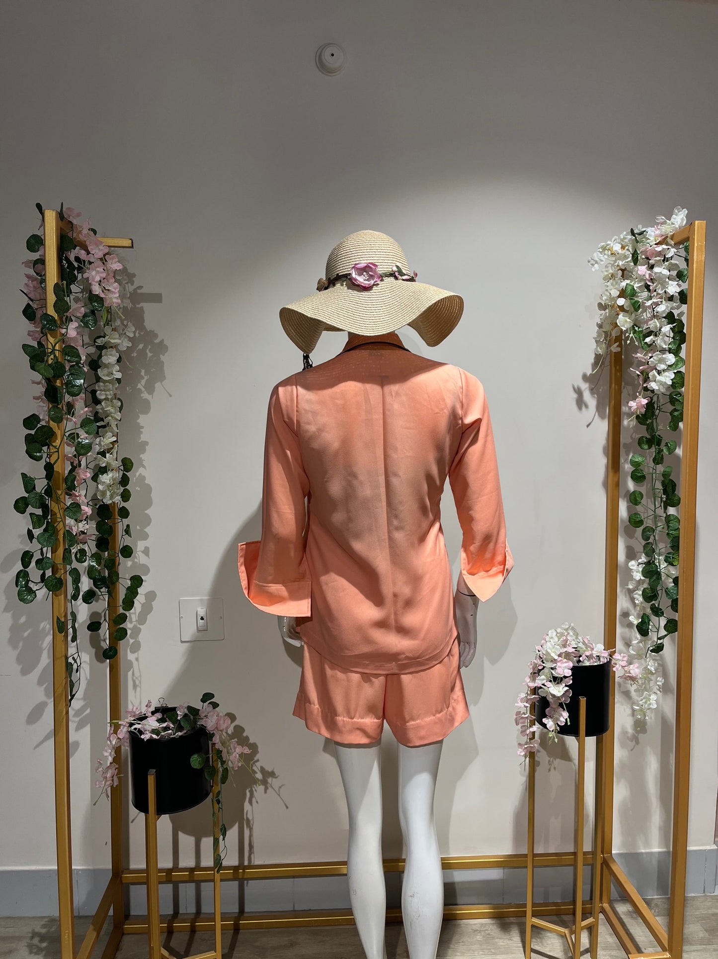 Peach coat + Shorts