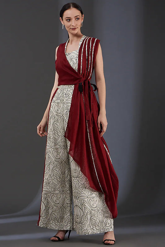 Printed b/w Pantset with Drape
