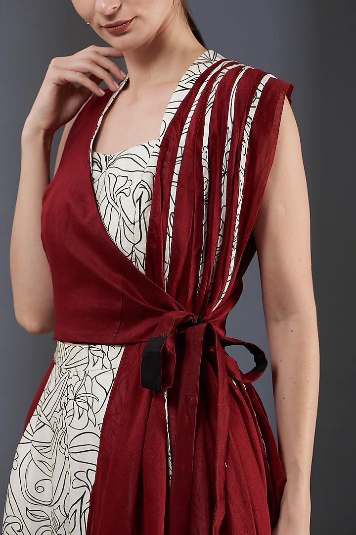 Printed b/w Pantset with Drape