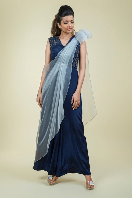 Blue Organza Drape Jumpsuit - Label Manasi