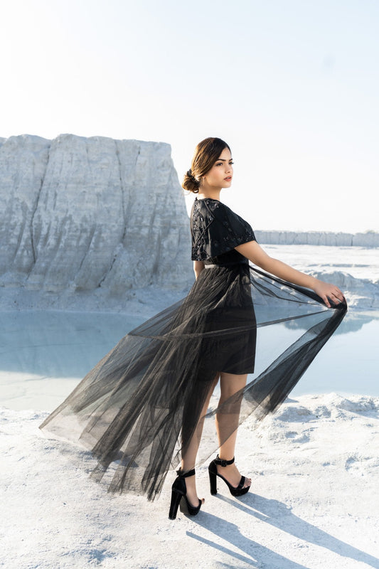 Black Gown With Embroidered Collar and trail - Label Manasi