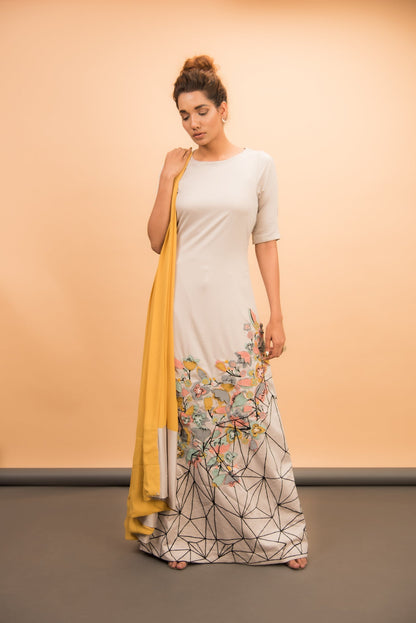 Grey 3D Embroidered Drape Gown - Label Manasi