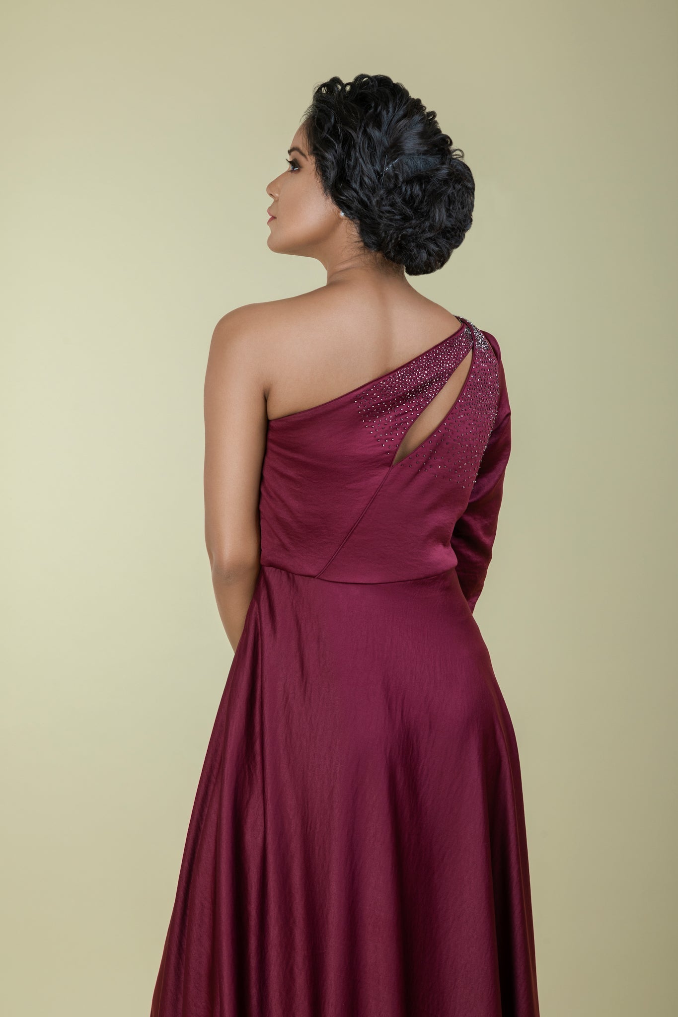 Maroon One Shoulder Gown- peekaboo - Label Manasi