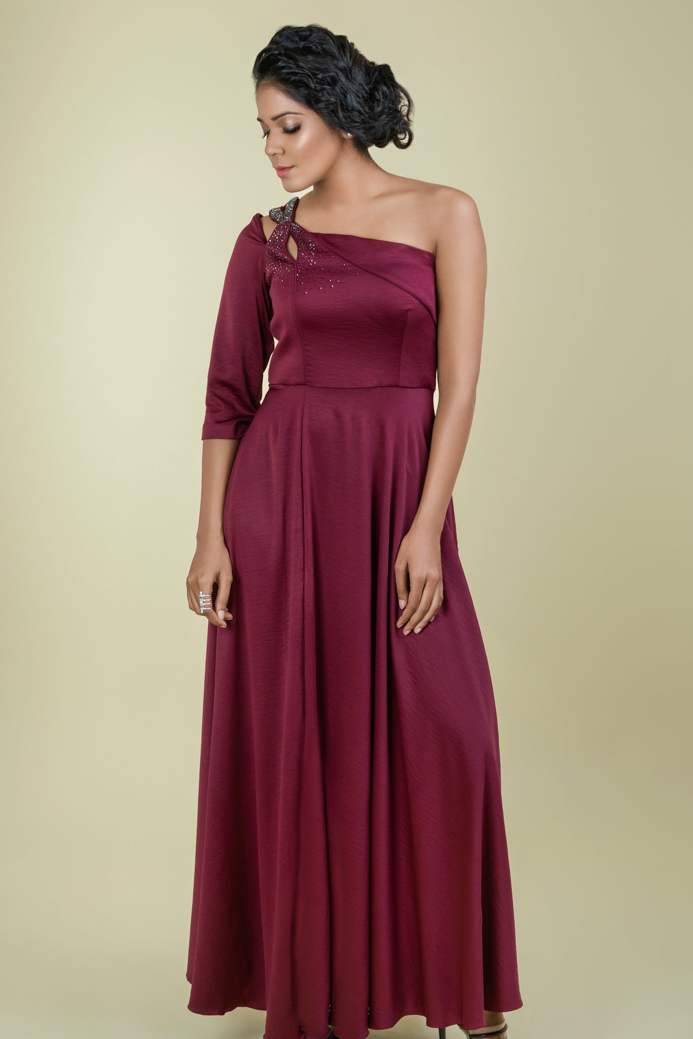 Maroon One Shoulder Gown- peekaboo - Label Manasi