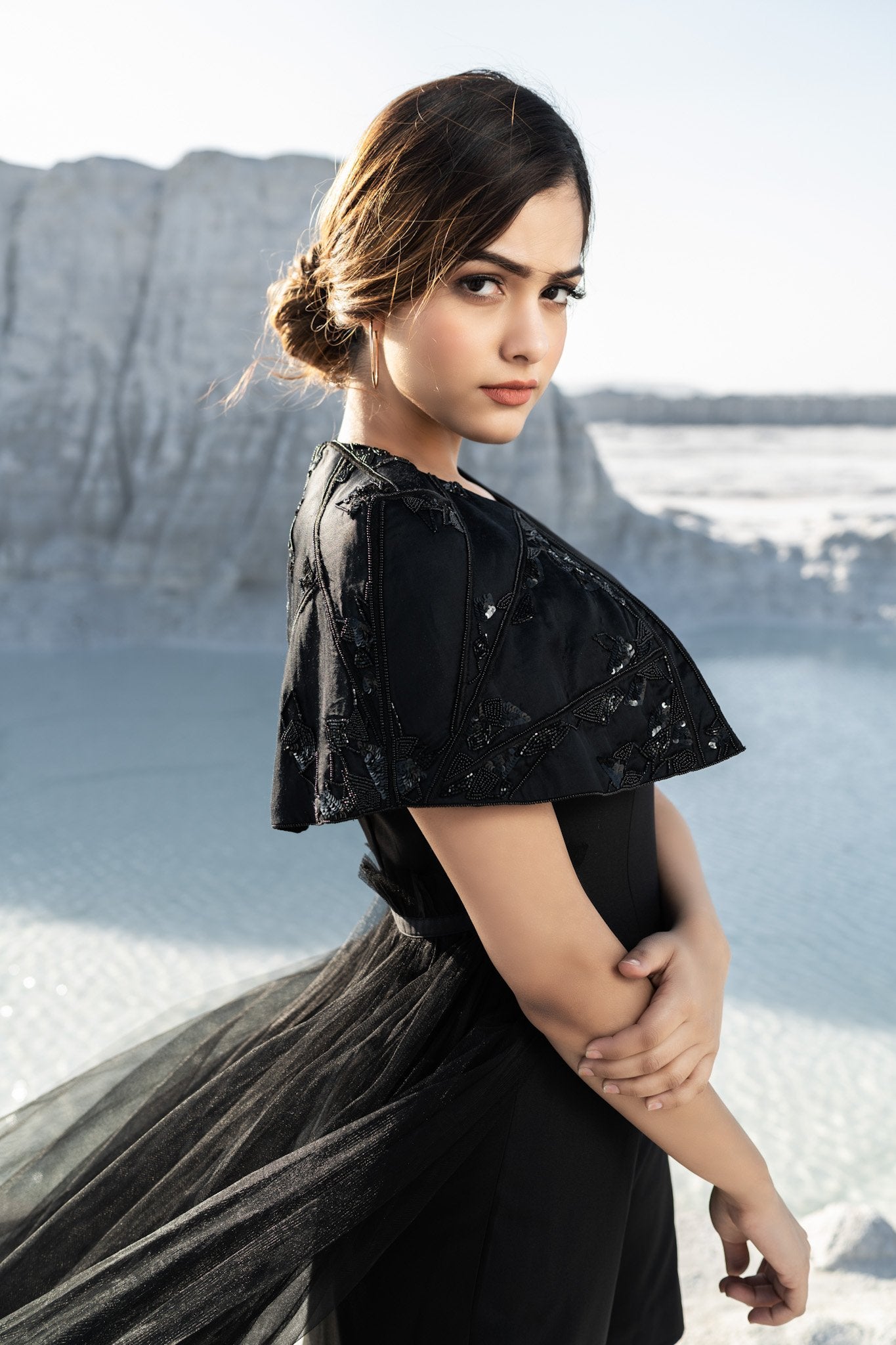 Black Gown With Embroidered Collar and trail - Label Manasi