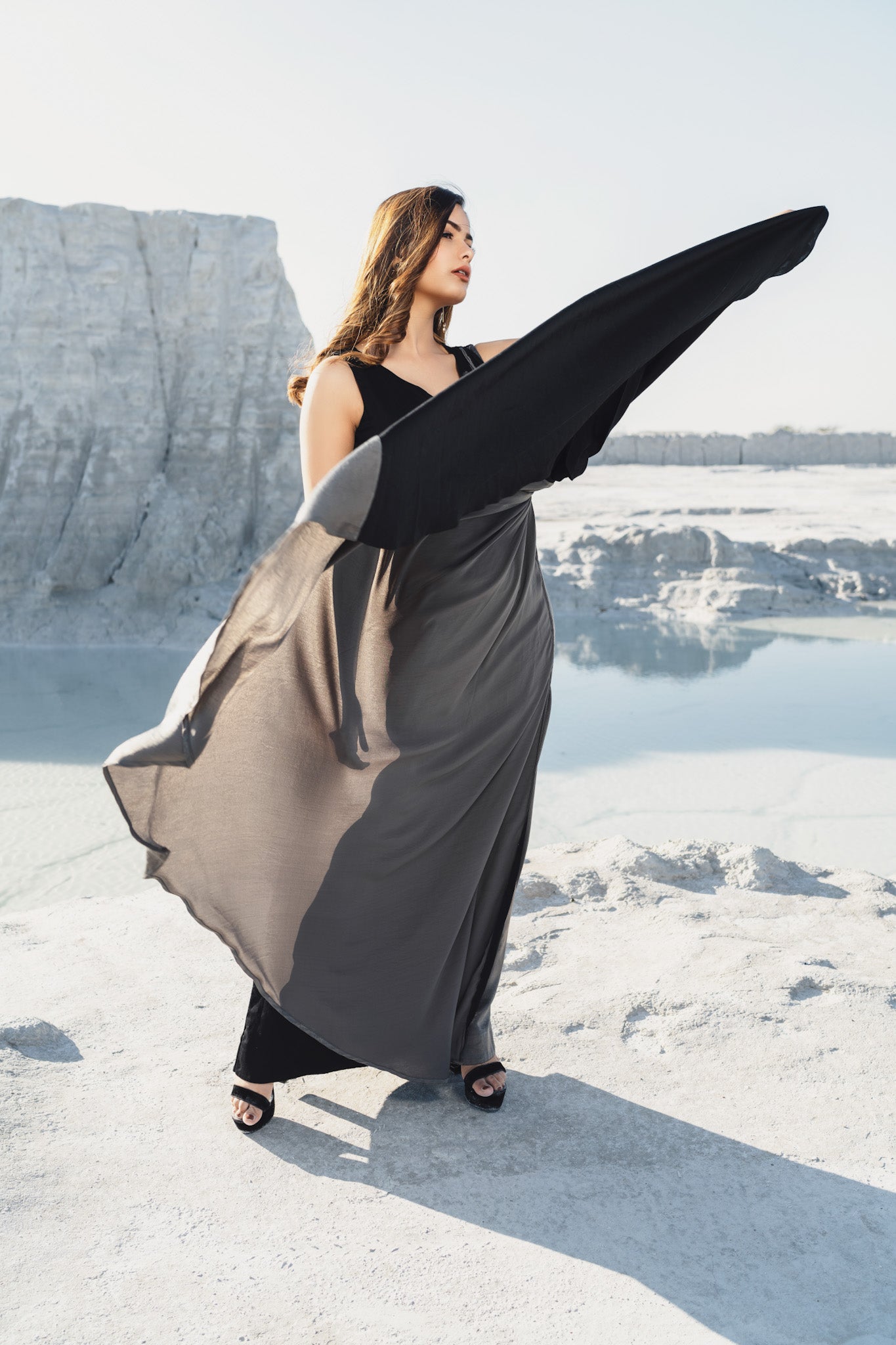 Black - Grey Long Dress With Grey Pleats and Drape - Label Manasi