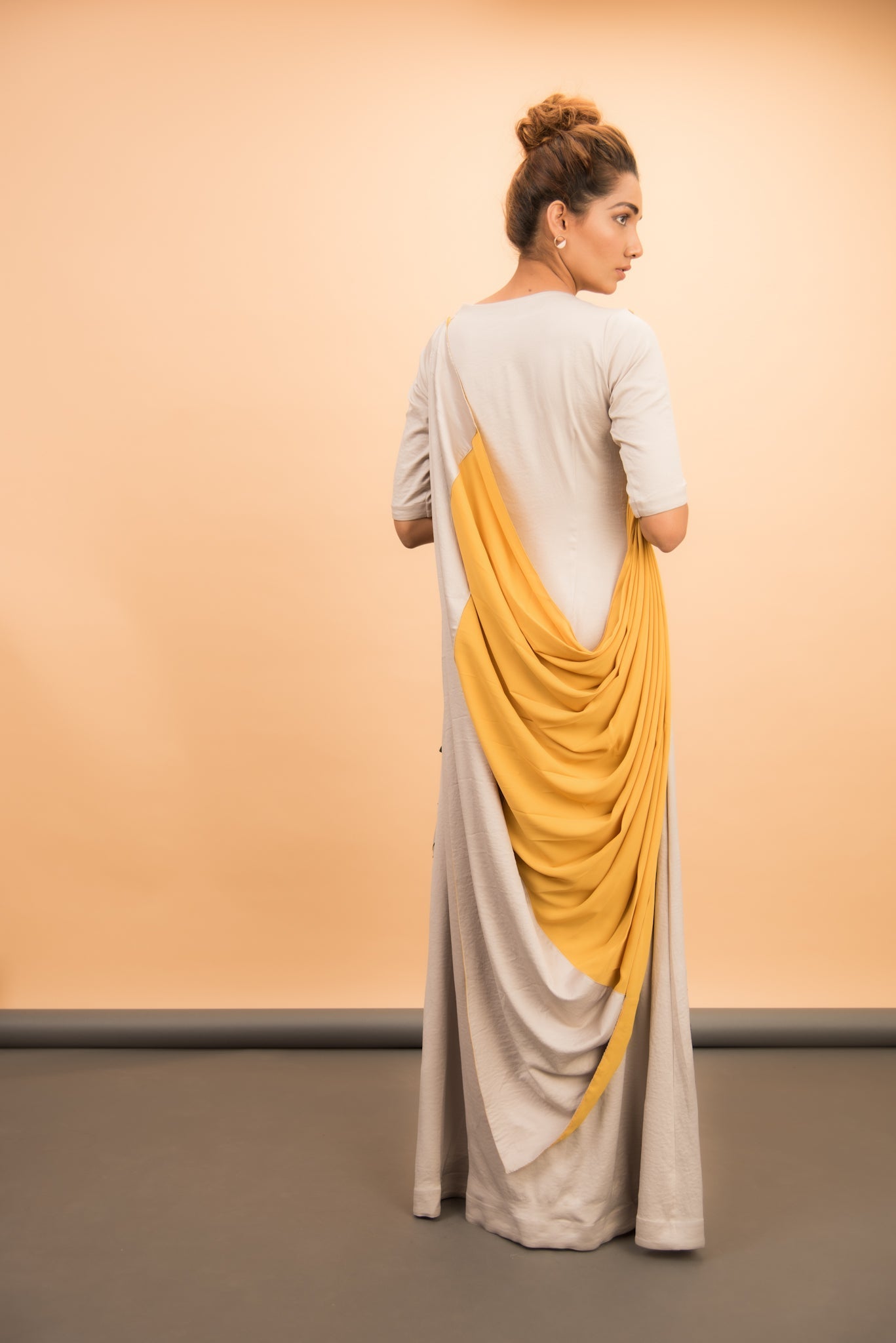 Grey 3D Embroidered Drape Gown - Label Manasi