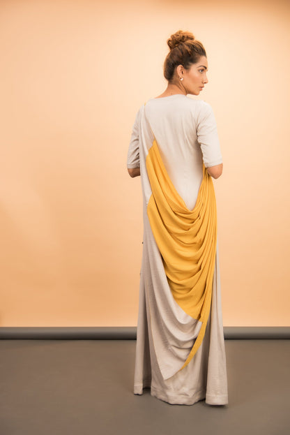 Grey 3D Embroidered Drape Gown - Label Manasi