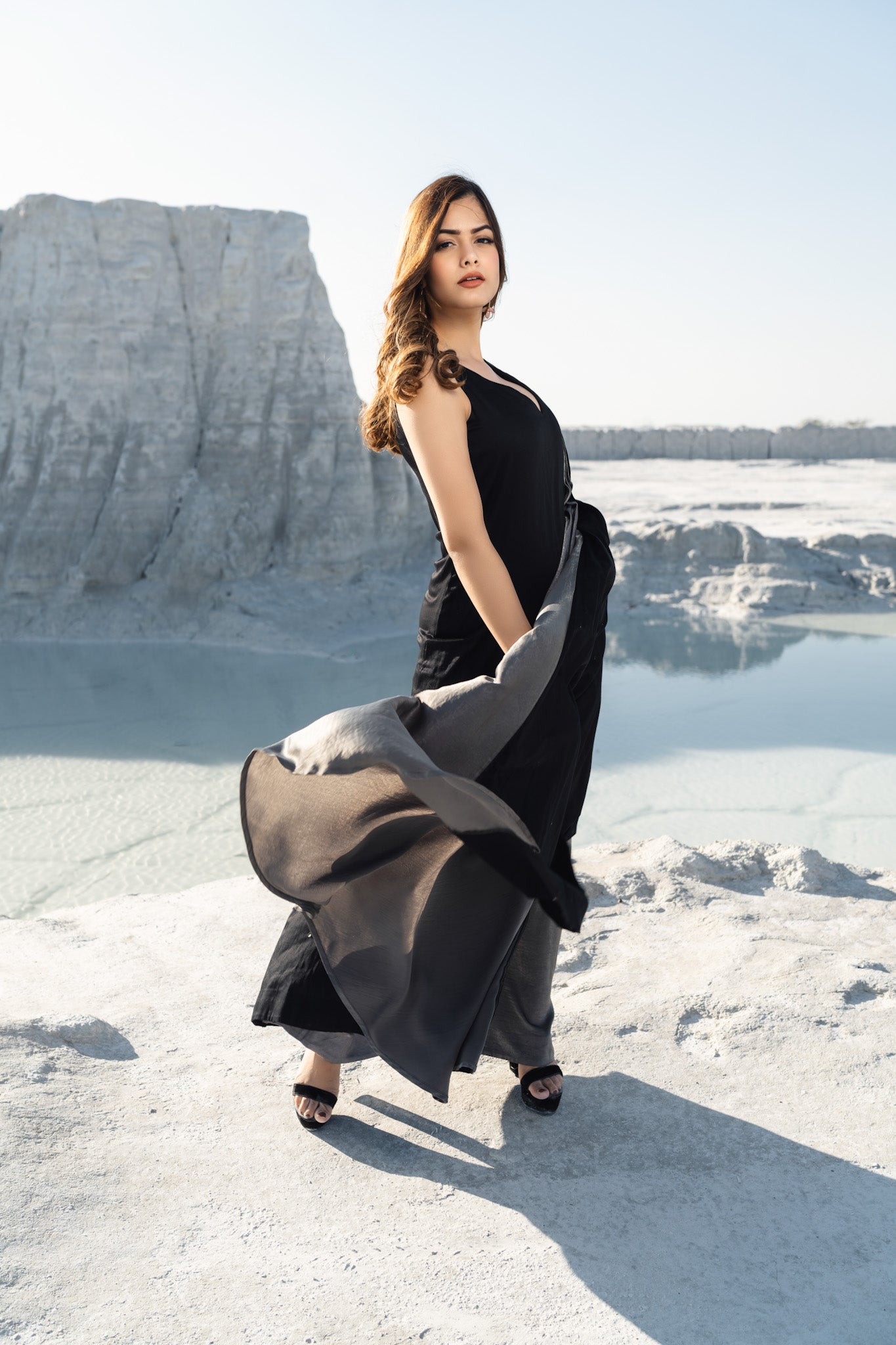 Black - Grey Long Dress With Grey Pleats and Drape - Label Manasi
