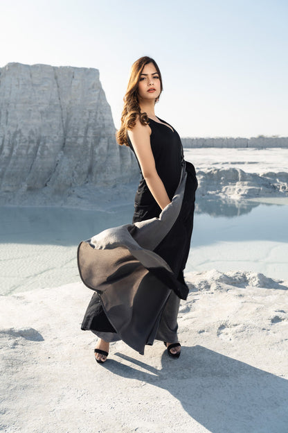 Black - Grey Long Dress With Grey Pleats and Drape - Label Manasi
