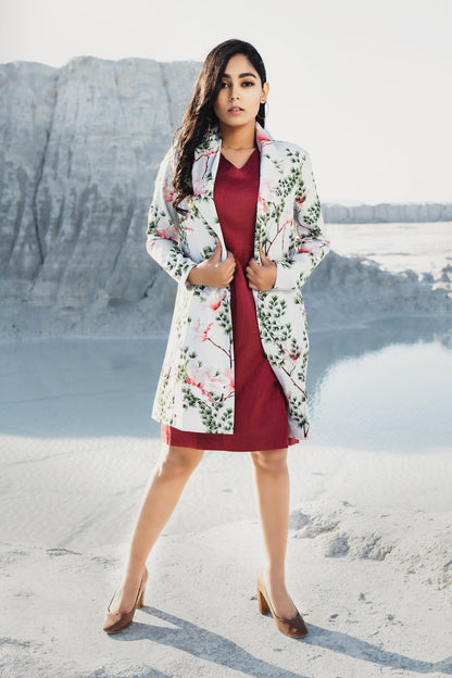 Floral coat with maroon sheath dress - Label Manasi