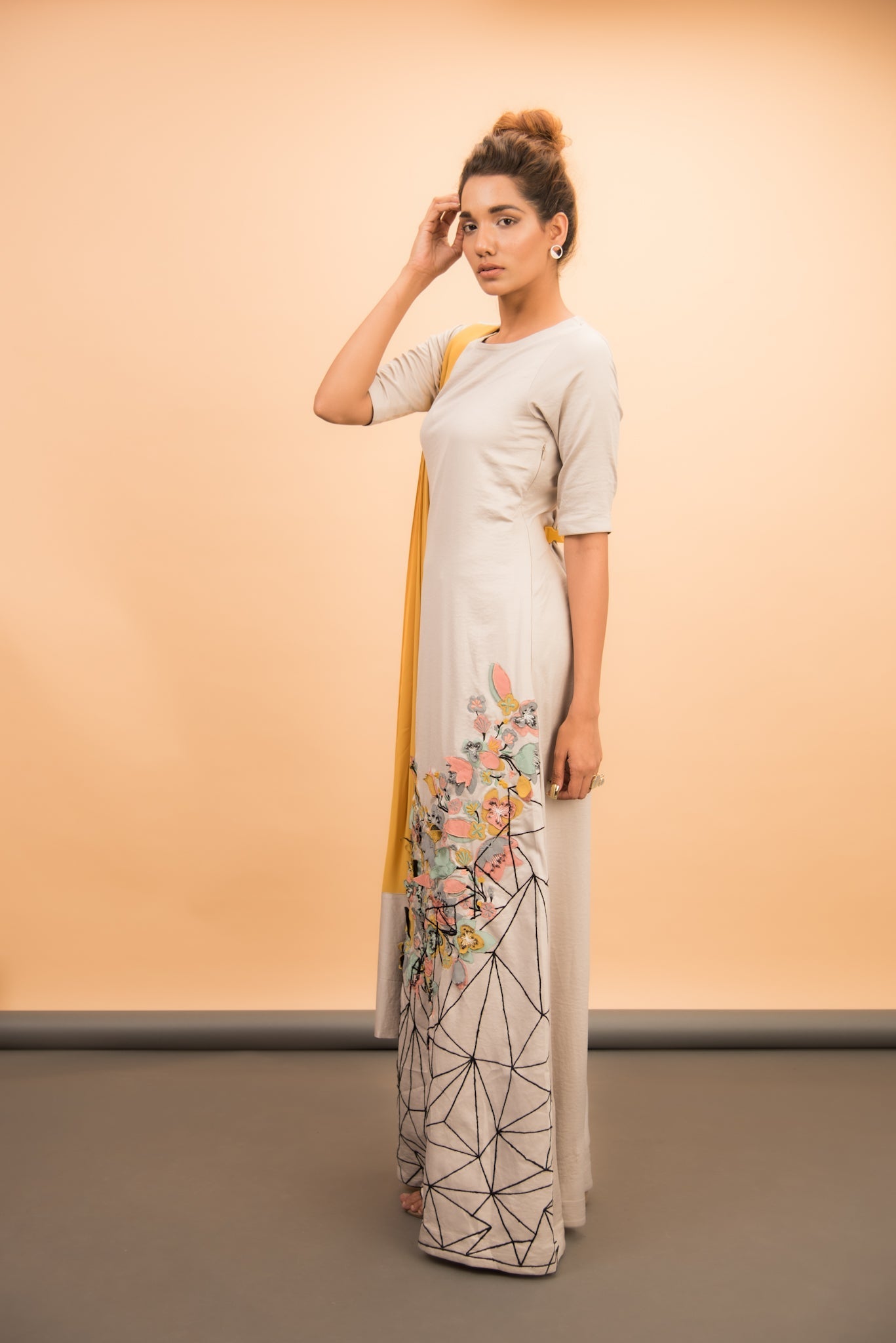 Grey 3D Embroidered Drape Gown - Label Manasi