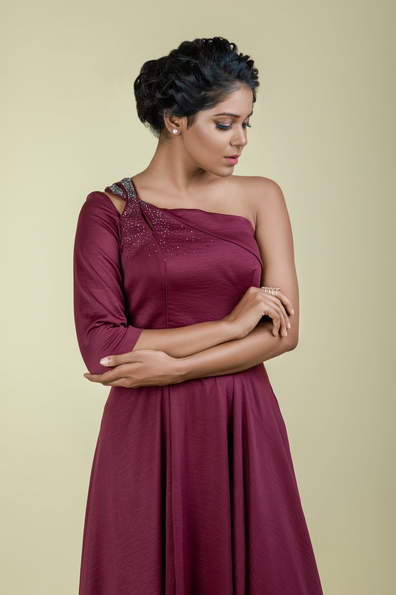 Maroon One Shoulder Gown- peekaboo - Label Manasi