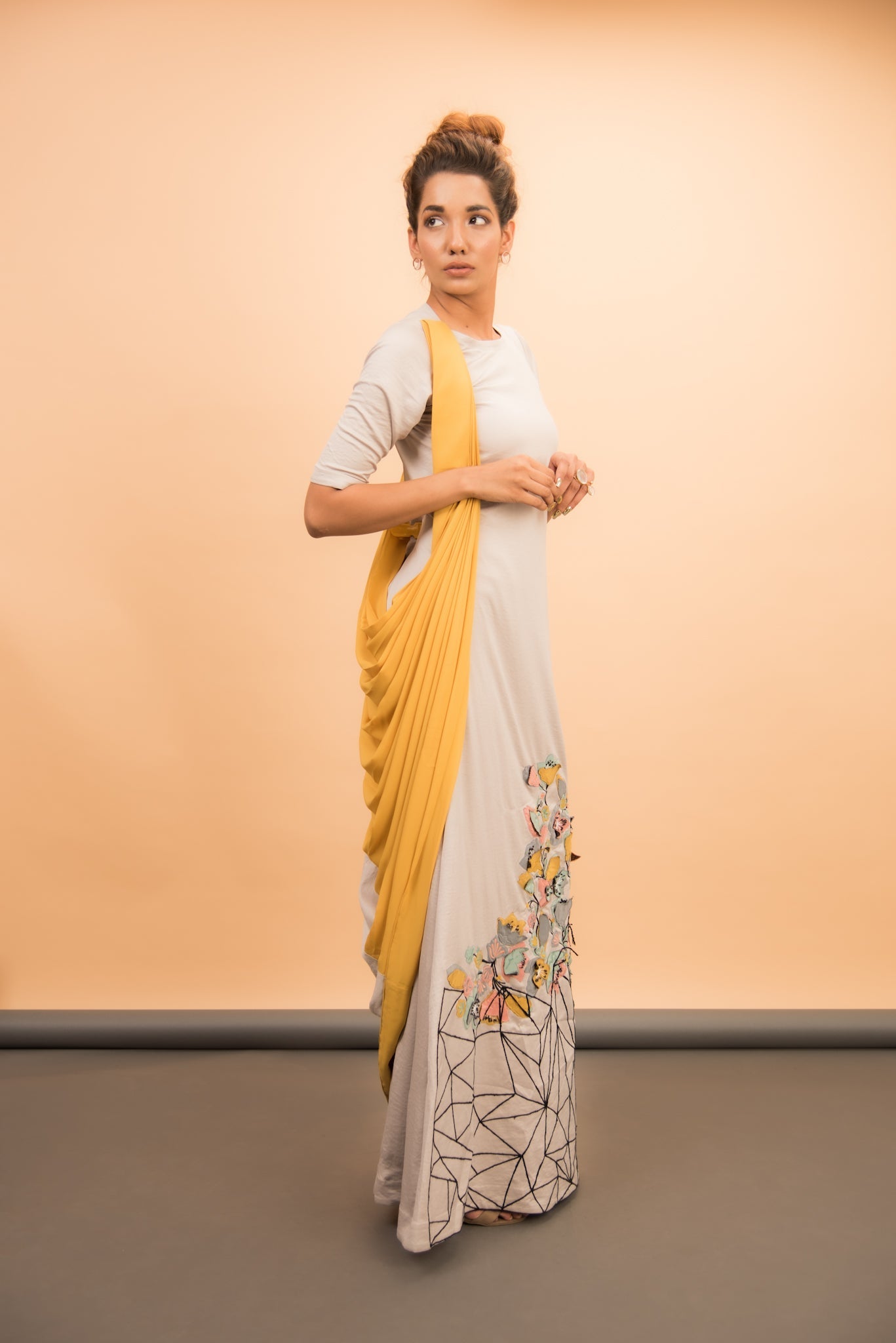 Grey 3D Embroidered Drape Gown - Label Manasi